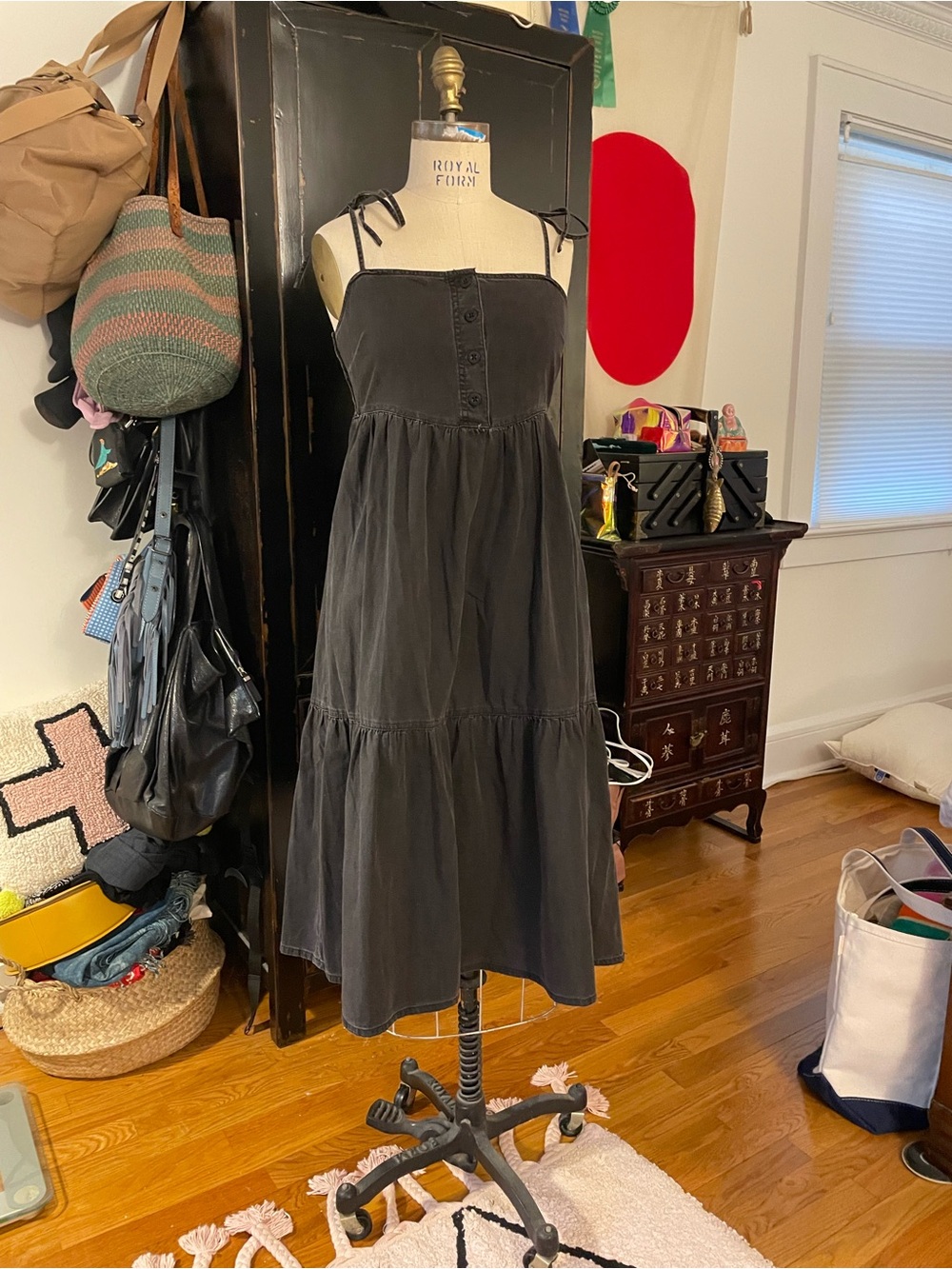 Madewell Black Tiered Midi Dress with Tie Straps